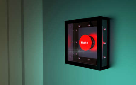 The red start button in black armored box.3D illustration