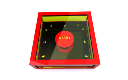The Red Start button in an armored box on a white background. 3D illustration