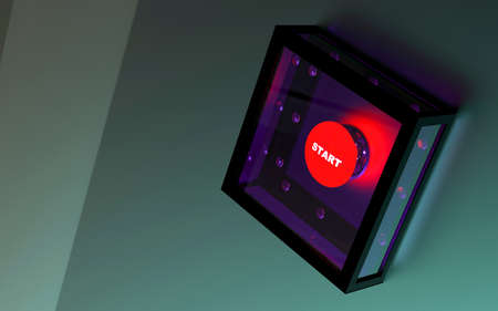 The red start button in armored box.3D illustrationの写真素材