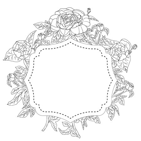 Decor for card with peonies leaves and buds in frame vector illustrationのイラスト素材