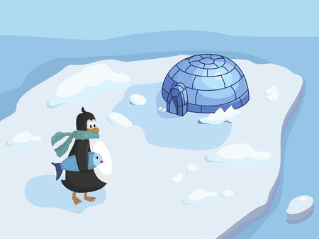 Penguin with fish on the island with house vector illustrationのイラスト素材