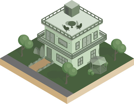 Isometric house with bushes and trees, table and chairs on the roof vector illustrationのイラスト素材