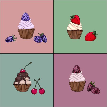 Set of tasty delicious cupcakes with berries in modern design illustrationのイラスト素材