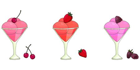 set of isolated hand drawn tasty delicious berries ice cream in vase vector illustration with cherry strawberry raspberry on white backgroundのイラスト素材