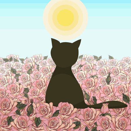 Field of roses with dark black cat, sun shining and blue sky illustrationの写真素材