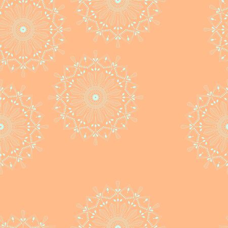 Seamless pattern, endless template with set of green mint mandalas on orange background vector illustrationのイラスト素材