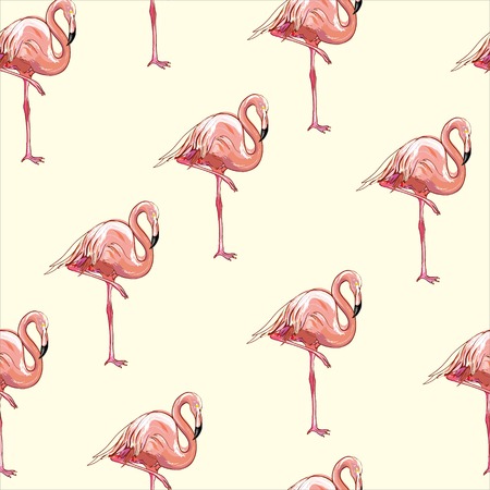 Beautiful seamless vector tropical pattern background with flamingo and hibiscus. Abstract texture, stripes. Perfect for wallpapers, web page backgrounds, surface textures, textile.のイラスト素材