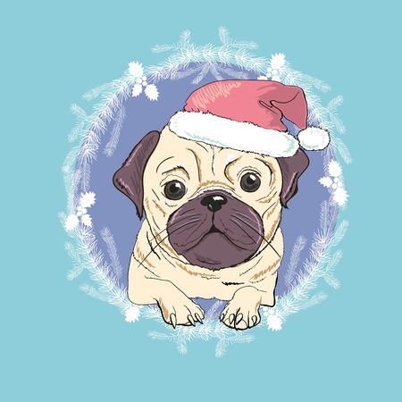 Pug dog with red Santa's hat illustration.のイラスト素材