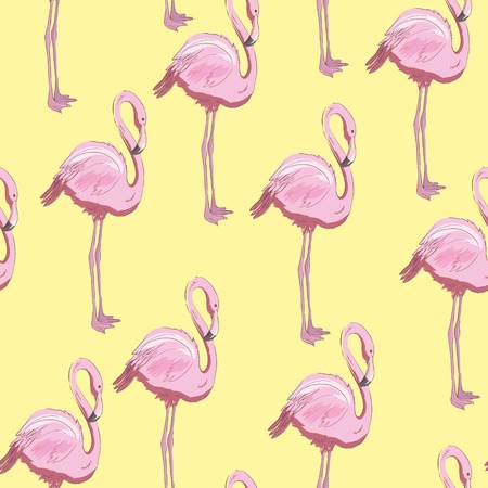 Beautiful seamless vector tropical pattern background with flamingo and hibiscus. Abstract texture, stripes. Perfect for wallpapers, web page backgrounds, surface textures, textile.のイラスト素材