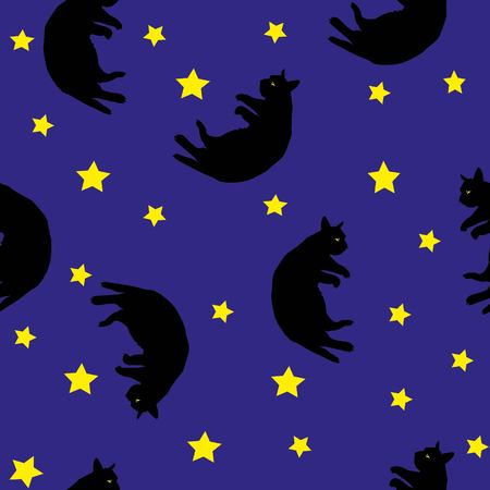 Cosmic seamless pattern, cute doodle white cat-astronauts floating in space, vector illustrationのイラスト素材