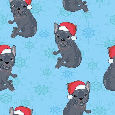 Vector seamless pattern with pug-dog in Santa's hat and traces. Dog - animal symbol of New Year 2018.のイラスト素材