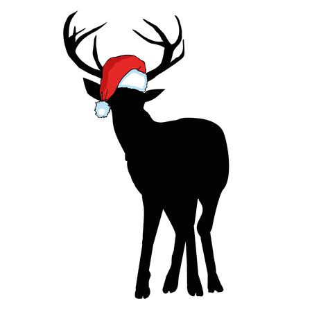 Vector image of an deer and santa hats on blue background. Merry christmas. Animalのイラスト素材