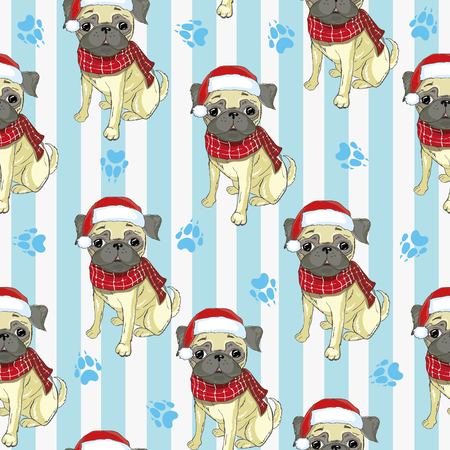 Vector seamless pattern with pug-dog in Santa's hat and traces. Dog - animal symbol of New Year 2018.のイラスト素材