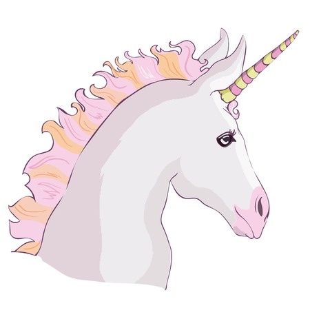 Unicorn vector icon isolated on white. Head portrait horse sticker, patch badge. Cute magic cartoon fantasy cute animal. Rainbow hair.のイラスト素材
