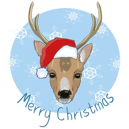 Holiday symbol. Icon colorful cute reindeer in santa hat. Circle on blue background.のイラスト素材