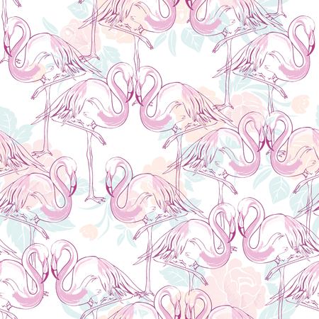 Beautiful seamless vector tropical pattern background with flamingo and hibiscus. Abstract texture, stripes. Perfect for wallpapers, web page backgrounds, surface textures, textile.のイラスト素材