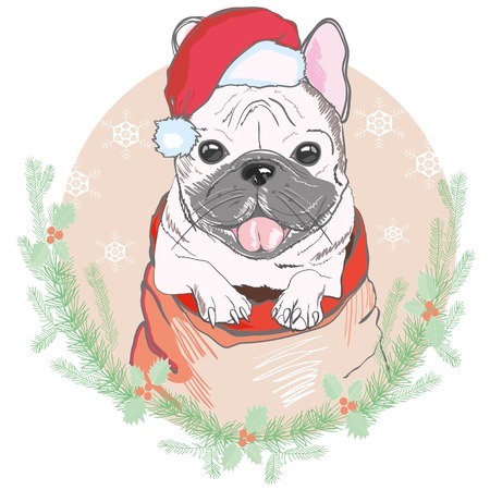 Portrait of cute french bulldog in red christmas hat on blue background. Vector illustration. Santa Claus. New Year's and Christmas.のイラスト素材