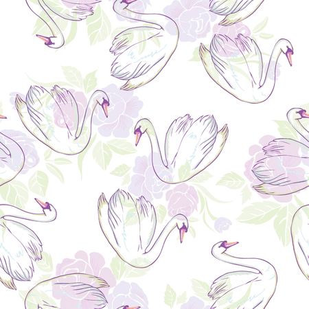 Seamless pattern with white swans. White swans on black background. Vector illustration.のイラスト素材