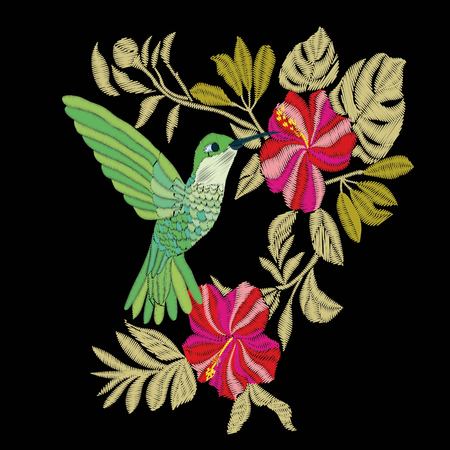 Embroidery with hummingbird and orchid flowers vector illustration. fashion, vector, background, beautiful, black, design, exotic, fancywork, floral, flower green illustration print stitch summer texture threadのイラスト素材