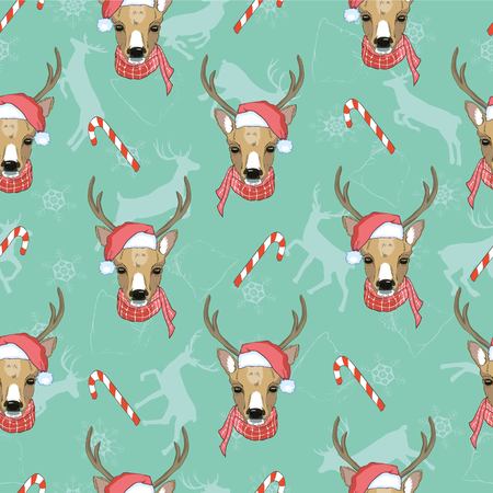 Christmas deer vector seamless pattern illustration. Reindeer vector head with horn and Santa hatのイラスト素材