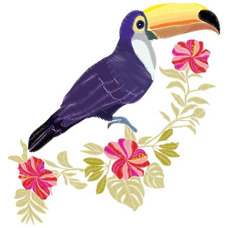 summer animal tropical thread graphic patch drawn palm print sitting art fancywork decor clothes beak fabric hand leaves hibiscus pattern green beautyのイラスト素材