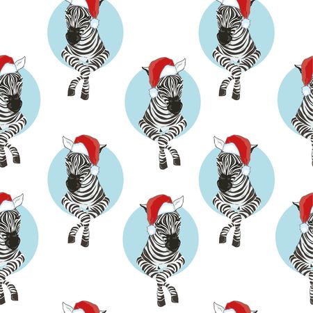 Zebra wearing Santa hats seamless pattern. Savannah Animal ornament. Wild animal texture. Striped black and white. design trendy fabric texture, illustration.のイラスト素材