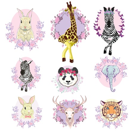 African animals set, vector, illustration, white background, isolated, reindeer, giraffe, Panda, Zebra, tigerのイラスト素材