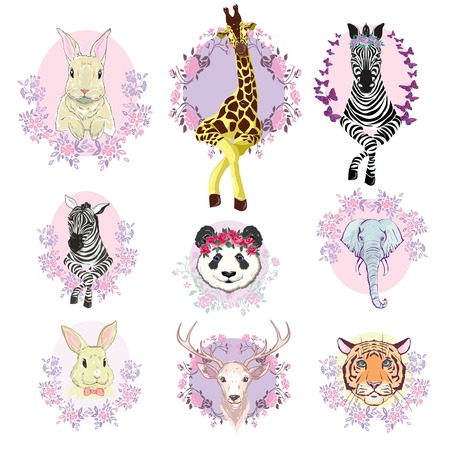 African animals set, vector, illustration, white background, isolated, reindeer, giraffe, Panda, Zebra, tigerのイラスト素材