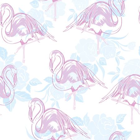 Beautiful seamless vector tropical pattern background with flamingo and hibiscus. Abstract texture, stripes. Perfect for wallpapers, web page backgrounds, surface textures, textile.のイラスト素材