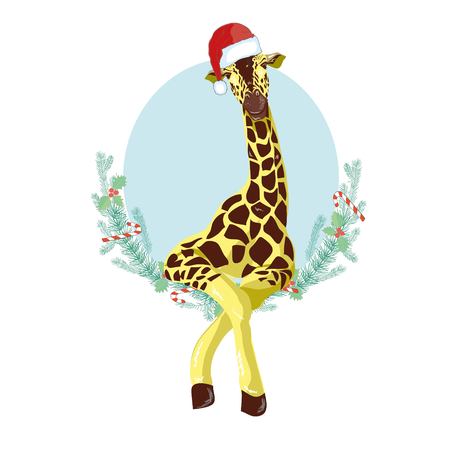 Giraffe head with Santa Claus hat vector graphic illustration.のイラスト素材