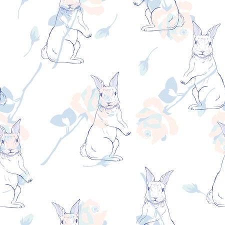 cute seamless pattern with watercolor rabbits. Easter bunnies and dotsのイラスト素材