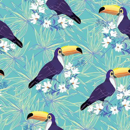 Seamless tropical pattern with Toucan. Vector summer background