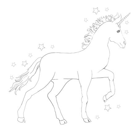 Unicorn vector icon isolated on white. Head portrait horse sticker, patch badge. Cute magic cartoon fantasy cute animal. Rainbow hair. Dream symbol.のイラスト素材