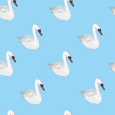 Seamless pattern with white swans. White swans on black background. Vector illustration.のイラスト素材