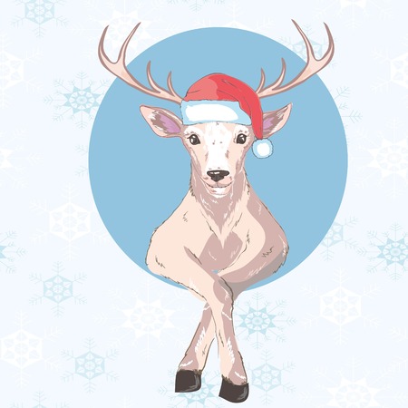 Holiday symbol. Icon colorful cute reindeer in santa hat. Circle on blue background. Snowflakes. Design element for decoration poster, banner, flyer, greeting card. Cartoon style. Vector illustrationのイラスト素材