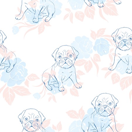 Seamless pattern with cute french bulldog on white background. Vector illustration.のイラスト素材