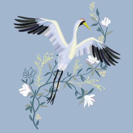 the crane embroidery, vector illustration, bird black designのイラスト素材