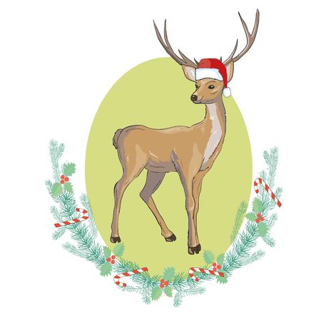 Vector image of an deer and santa hats on blue background.のイラスト素材