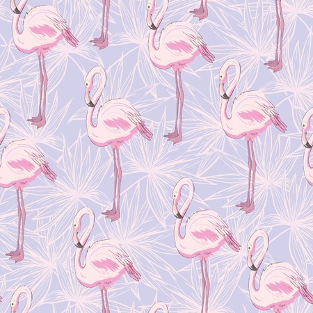 Beautiful seamless vector tropical pattern background with flamingo and hibiscus. Abstract texture, stripes. Perfect for wallpapers, web page backgrounds, surface textures, textile.のイラスト素材