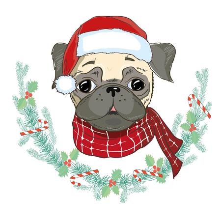 Vector image of puppy pug in Santa's hat. Dog in Santa Claus's clothes. Christmas pug card. Funny pug dog in a red Santa's cap.の写真素材