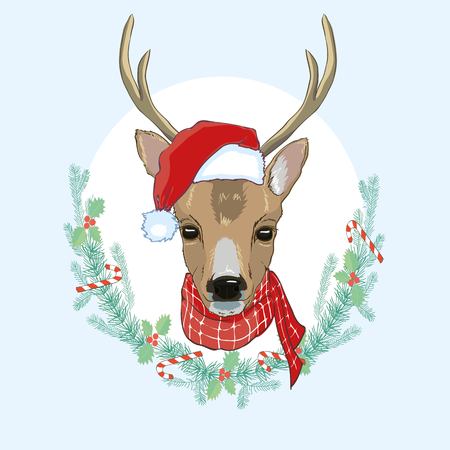 Vector image of an deer and santa hats on blue background. Merry christmas,creative, december, logo, ornament, party, retro, season, seasonal, silhouette tattoo vintage whiteの写真素材