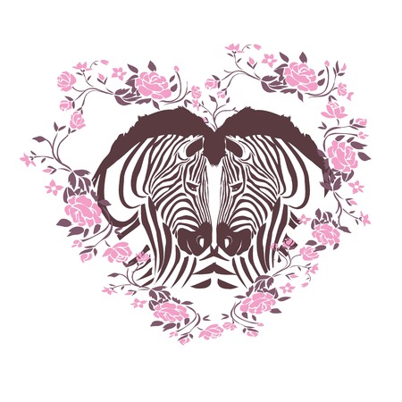 Vector illustration of two zebras in a flower heart.のイラスト素材