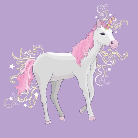 Unicorn vector icon isolated on white. Head portrait horse sticker, patch badge. Cute magic cartoon fantasy cute animal. Rainbow horn, pink hair. Dream symbol. Design for childrenのイラスト素材