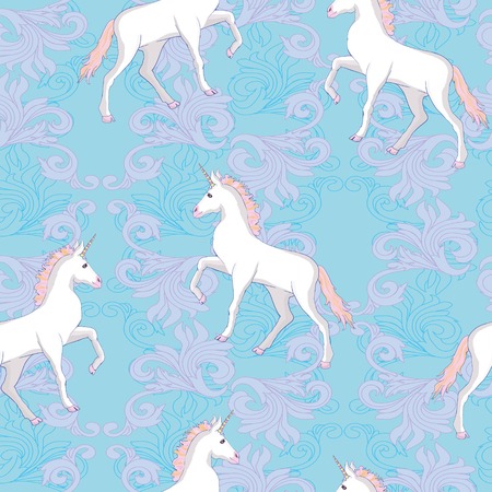 Unicorn and rainbow seamless pattern isolated on white background, animal, wand, princess, balloon, cloud, crown, diamond, fairytale, hand, drawn, abstract, card character decor doodle lovely magical sweet head horn beautifulの写真素材