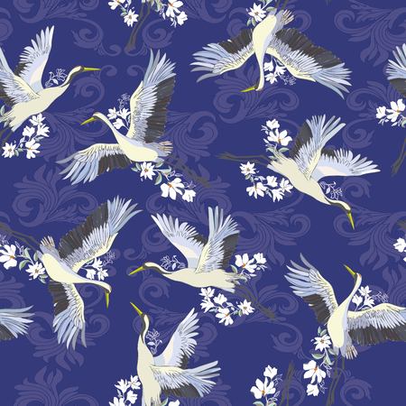 Japanese seamless pattern of birds and water. Traditional vintage fabric print. White and blue indigo background. Kimono design. Monochrome vector illustration.のイラスト素材