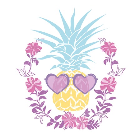 Pineapple with sunglases and headphones. Summer consept. Vector illustration.yellow, head, music, vacation, color, creative, earphone, headphones, humor idea listening phone raw refreshment sound technology art backgroundのイラスト素材