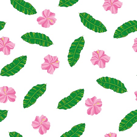 Vector tropical seamless pattern with hibiscus flowers and leavesのイラスト素材
