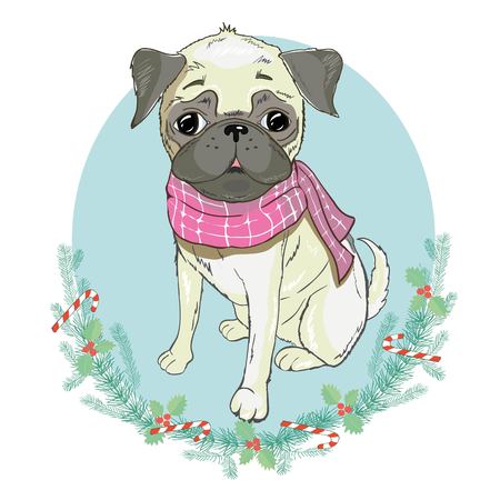 Portrait of cute french bulldog in red christmas hat on blue background. Vector illustration. Santa Claus. New Year's and Christmas. isolated, looking, merry, newyear, party, pet, portrait, print, puppy, red, santa, santaclaus, sketch, style, trendy vector white winter xmas hipsterのイラスト素材
