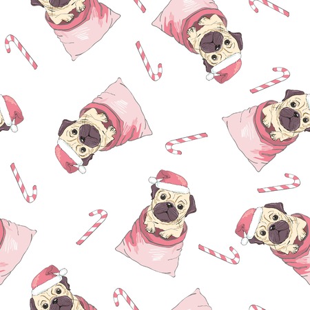 Vector seamless pattern with pug-dog in Santa's hat and traces. Dog - animal symbol of New Year .のイラスト素材