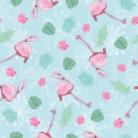 Flamingo seamless pattern on mint green background. Pink flamingo vector background design for fabric and decor.の写真素材